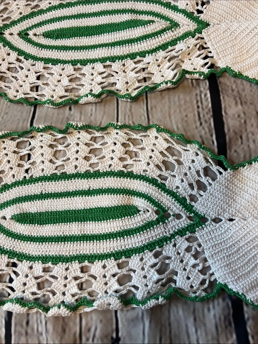 Vintage Crochet Fish Doilies Set of 3 Green White Handmade Coastal Decor